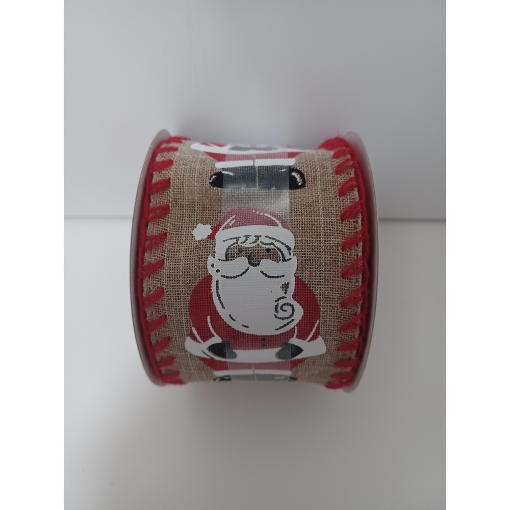 Wired Ribbon 2.5" x 20' - Burlap Look Red Yarn Stitch Trim Edge Santa Claus